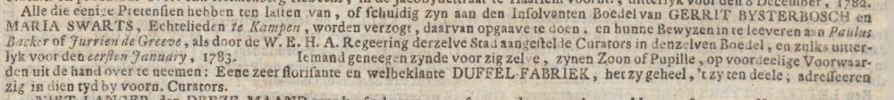 <p>Krantenartikel uit de Oprechte Haerlemse Courant van 1782 waarin de schuldeisers opgeroepen wordt om zich te melden bij de curatoren van de failliete Gerrit Bijsterbosch. Het jaar daarop werd het pand verkocht aan Jan Arink (www.delpher.nl). </p>
